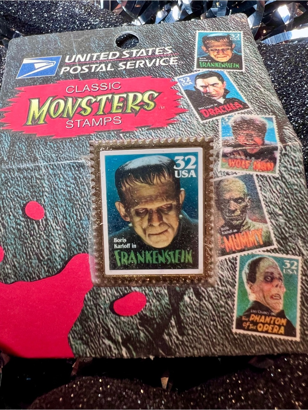 Vintage Classic Movie Monsters Frankenstein Stamp Pin USPS Boris Karloff 1997 - Picture 2 of 4